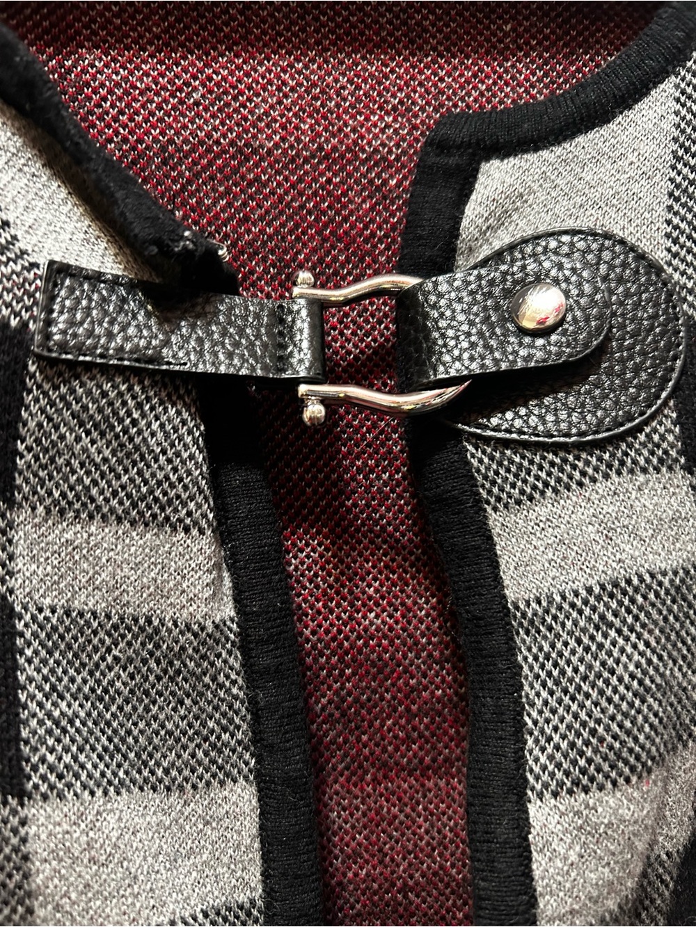 Anne Klein Gray Plaid Open-Front Coatigan with Red Stripes - Picture 3 of 3